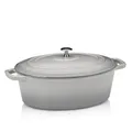 Produktbild: kela Bräter Gusseisen oval 6 Liter, Dutch Oven CALIDO, Induktion Gussbräter mit Deckel, Gusseisen Topf Brot backen, emailliert, hellgrau
