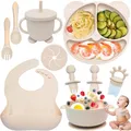 Produktbild: Dazhtu 10 Stücke Silikon Baby Geschirrset, Kindergeschirr Baby-Teller Rutschfest mit Saugnapf, Baby-Teller mit Saugnapf, Schüssel, Lätzchen,Löffel,Gabel,Baby-Trinkbecher,Fruchtsauger Set, Beige
