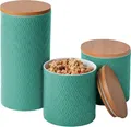 Produktbild: Keramikdose mit Deckel Luftdicht - 3er Vorratsdosen Set aus Holzdeckel für Müsli Mehl Kaffee & Zucker Aufbewahrung - Spülmaschinenfest (Türkis)