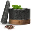 Produktbild: ECENCE Mörser mit Stößel aus hochwertigem Naturgranit und edlem Akazienholz-Sockel Ø15,5cm - Massiver Steinmörser für Kräuter & Gewürze - Mortar and Pestle