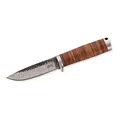 Produktbild: Herbertz Gürtelmesser, Damast, AISI 420 Stahl, rostfrei Griff mit Lederscheiben, Fangriemenöse, braune Lederscheide, robustes Outdoor-Messer & Jagdmesser, Survivalmesser mit feststehender Klinge