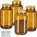 Produktbild: Relaxdays Braungläser, 4er Set, 400 ml, mit Deckel & Etiketten, Kräutergläser Medizin, Gewürze, Vorratsdosen, braun/gold - Braun