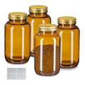 Produktbild: Relaxdays Braungläser, 4er Set, 400 ml, mit Deckel & Etiketten, Kräutergläser Medizin, Gewürze, Vorratsdosen, braun/Gold