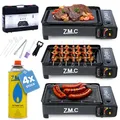 Produktbild: ZMC 2-in-1 tragbarer Gaskocher + Gasgrill Klein inkl. Zubehör, mit 4X Gaskartuschen, Campingkocher, mit Grillplatte + Grillrost, Tischgrill mit Tragekoffer, 3,8kg, Piezo-Zündung, für Outdoor, Balkon
