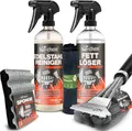 Produktbild: bio-chem BBQ Fettlöser Set 5-teilig: Fettlöser 750 ml + Edelstahlreiniger 750 ml + Grillbürste + Reinigungsschwamm + Mikrofasertuch | Schonende Reiniger für Edelstahl und Aluminium an Grill, Küche