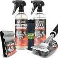 Produktbild: bio-chem Fettlöser Set 5-teilig: Fettlöser 750 ml + Edelstahlreiniger 750 ml + Grillbürste + Reinigungsschwamm + Mikrofasertuch | Schonende Reiniger für Edelstahl und Aluminium an Grill oder Küche