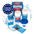 Produktbild: PoolsBest Pool Starter Set 5 in 1 I Pool-Reinigungsset komplett zur Wasserpflege I Pool Zubehör Set für Einsteiger I Mini-Multitabs, Dosierschwimmer, Pooltester, pH-Senker, Chlorgranulat & Anleitung