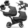 Produktbild: Kunert 3in1 Zwillingskinderwagen BOOSTER mit schwarzem Rahmen und umfangreichem Zubehör