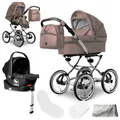 Produktbild: Bergsteiger Venedig Nostalgie Kombikinderwagen 4-in-1 – Babywanne, Sportsitz, i-Size Babyschale & Isofix-Station, Luftreifen, höhenverstellbar, faltbar, Zubehör