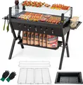 Produktbild: COSTWAY Holzkohlegrill mit Würzregalen, Ablage, Windschutz und Handschuhe, Campinggrill, BBQ-Grill