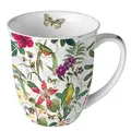Produktbild: Ambiente Tasse 10cm Porzellan mit Tropenvögel & Blüten Motiv - 0,4L Keramiktasse Porzellangeschirr Kaffeetasse Teetasse Kakaotasse Sommergeschirr exotisch Grün