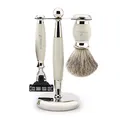 Produktbild: Jag Shaving Rasierset – Rasierhobel – Rasierpinsel Dachshaar – Rasierständer – 3 teiliges Rasierer Set Herren Damen, 3 Rasierklingen Rasierhobel – Elfenbein Rasierset als Geschenkset