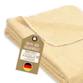 Produktbild: RIEMA® weiche Bio-Baumwolldecke – Bio Kuscheldecke (KBA) für Sofa oder Bett in gelb mit Oeko-TEX Zertifikat – kuschelige Decke Baumwolle Made in Germany – 140x200 cm