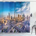 Produktbild: ABAKUHAUS Dubai Duschvorhang, Panorama-Dubai Verkehr, Stoffliches Gewebe Badezimmerdekorationsset mit Haken, 175 x 200 cm, Blau Elfenbein Marigold