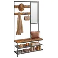 Produktbild: VASAGLE Kleiderständer, Garderobe, Garderobenständer mit Haken, Spiegel, Sitzbank, 35 x 98 x 180 cm, für Eingangsbereich, Schlafzimmer, Wohnzimmer, Industrie-Design, vintagebraun- schwarz HSR415B01