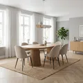 Produktbild: ebuy24 Esstisch oval ausziehbar - Essgruppe Tokyo 7-teilig für 6 Personen Natur 120x120-160/200 cm Tisch mit 6 beigen Samt Stühlen Esszimmergruppe Speisegruppe Wohnküche Esszimmermöbel Essplatzmöbel
