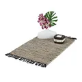 Produktbild: Relaxdays Flickenteppich, 60 x 110 cm, Baumwolle & Leder, Teppichläufer mit Fransen, rutschfest, Fleckerlteppich, grau, 10039882_111
