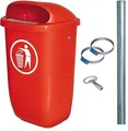 Produktbild: BRB Abfallbehälter für den Außenbereich, Inhalt 50 Liter, nach DIN 30713, im Komplettset mit verzinktem Rohrpfosten und Schellen (rot)