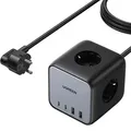 Produktbild: Steckdosenleiste/Verlängerungskabel USB 65W / AC 3680W, 2x USB-A, 2x USB Typ C, 3x Schuko (F), Ugreen CD268, Schwarz