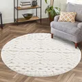 Produktbild: carpet city Teppich Wohnzimmer Hochflor Creme - 120 cm Rund - Rauten Hochtief-Muster, 3D-Effekt - Bettvorleger Schlafzimmer Teppiche Boho, Skandi
