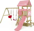 Produktbild: WICKEY Spielturm Klettergerüst DinkyHouse mit Schaukel & Rutsche, Kletterturm mit Sandkasten, Leiter & Picknicktisch – pastellpink