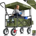 Produktbild: Bollerwagen faltbar mit Dach Handwagen Transportkarre Gerätewagen inkl. 2 Netztaschen und Einer Außentasche klappbar Vollgummi-Reifen Khaki - Kesser