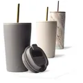 Produktbild: MAMEIDO Thermobecher mit Strohhalm 470 ml, Trinkbecher mit Deckel und Strohhalm aus Edelstahl doppelwandig isoliert, auslaufsicher, Coffee to go Becher (Taupe Grey)