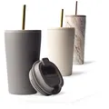 Produktbild: Thermobecher mit Strohhalm 470ml Trinkbecher mit Deckel und Strohhalm aus Ede...