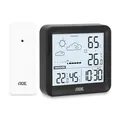 Produktbild: ADE Kleine digitale Wetterstation funk mit Außensensor und Wettervorhersage | Innen- und Außentemperatur | Luftfeuchtigkeit | Funkuhr mit Wecker | inkl. Batterien | schwarz