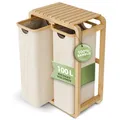 Produktbild: AMBIAVO® Wäschekorb 2 Fächer beige 100 L – Platzsparendes Design – 50L pro Fach - Stabile Bambuskonstruktion – Ablagefläche – Herausnehmbare, waschbare Wäschesäcke