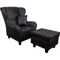 Produktbild: Ohrensessel mit Hocker Landhaus Polster-TV-Lesesessel Lederoptik Vintage Schwarz / 18007 - Schwarz