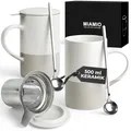 Produktbild: MIAMIO - Tee Tassen Set 2 x 500 ml mit Deckel und Sieb/Keramik Tee Becher mit Teeei und Löffel für die Zubereitung von losem Tee, Geschenke für Frauen - Mikrowellen- & Spülmaschinenfest (Grau)